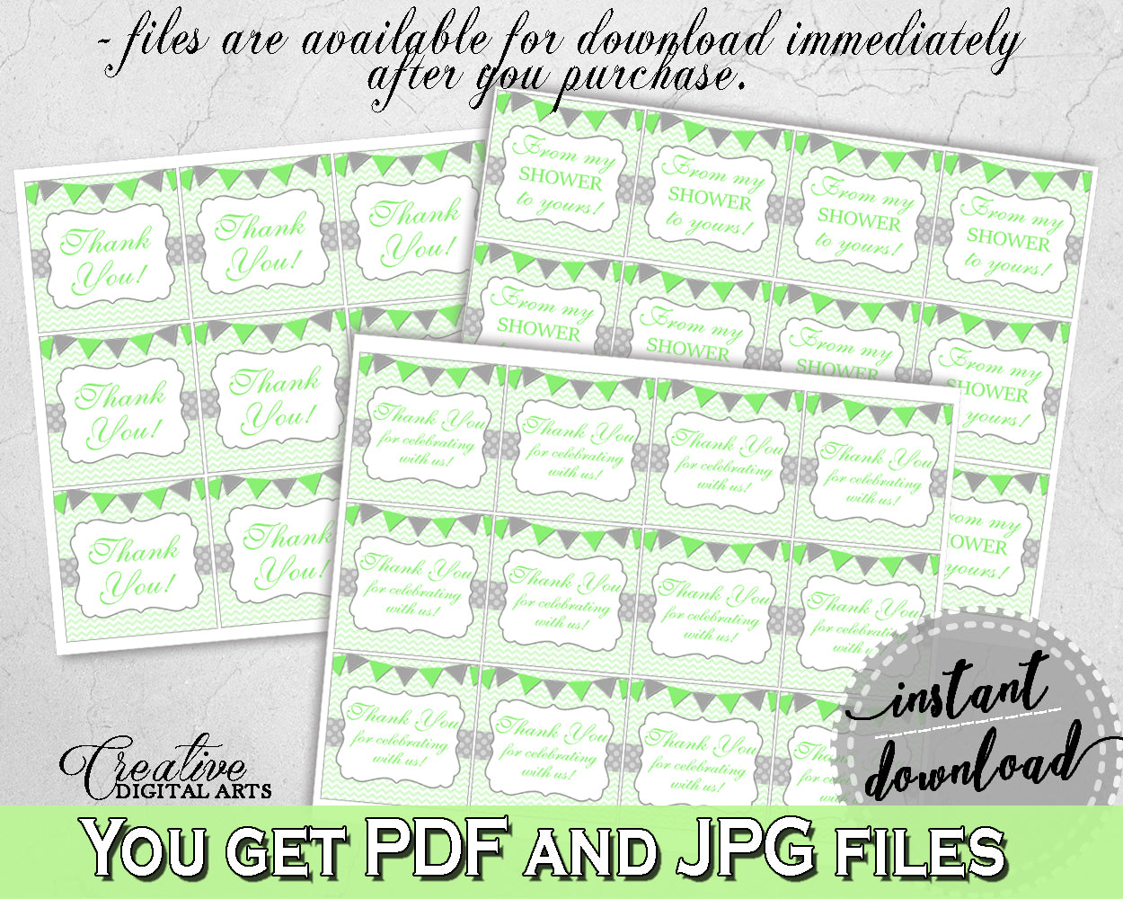 Baby shower THANK YOU favor tags square printable with chevron green theme neutral shower, digital files, Jpg Pdf, instant download - cgr01