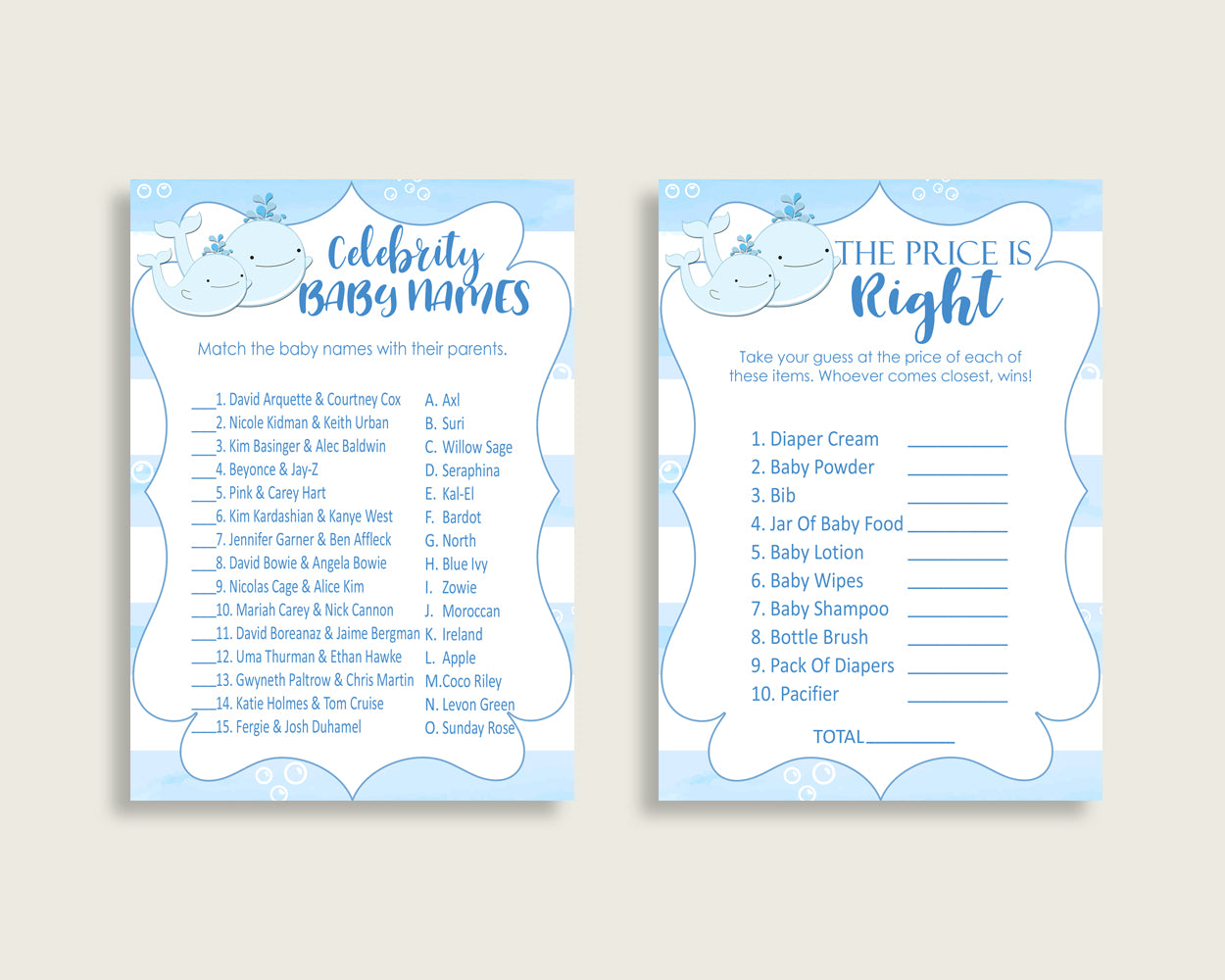 Whale Baby Shower Games Printable Pack, Blue White Baby Shower Games Package Boy, Whale Games Bundle Set, Instant Download, Light Blue wbl01