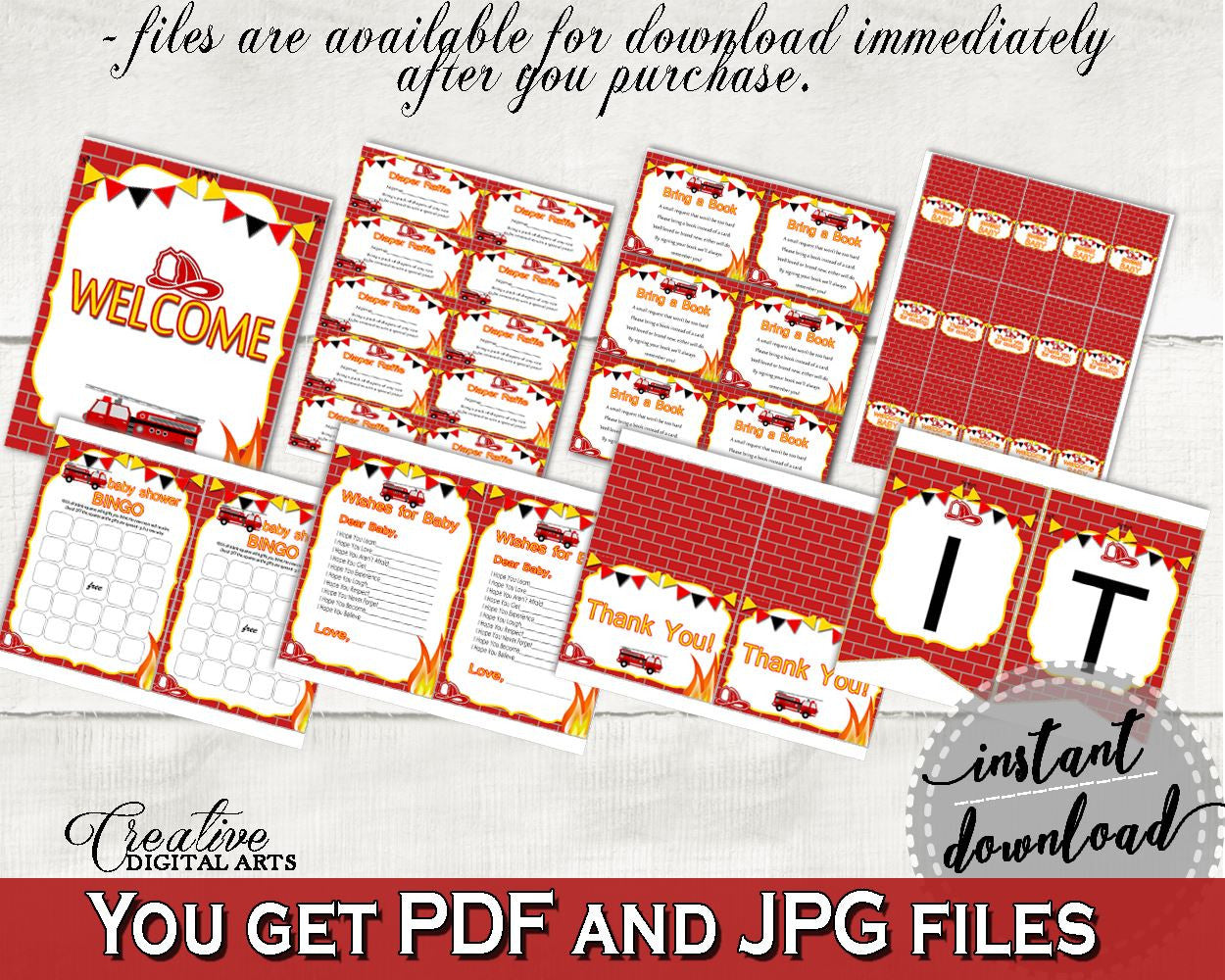 Decorations Baby Shower Decorations Fireman Baby Shower Decorations Red Yellow Baby Shower Fireman Decorations digital download LUWX6 - Digital Product