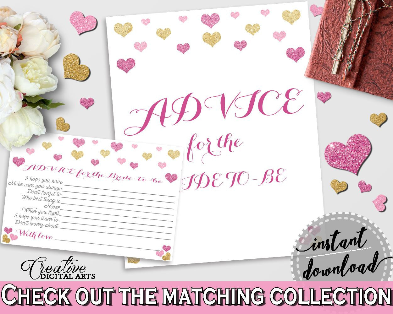 Advice For The Bride To Be in Glitter Hearts Bridal Shower Gold And Pink Theme, advice cards, lovely bridal shower, party plan - WEE0X - Digital Product