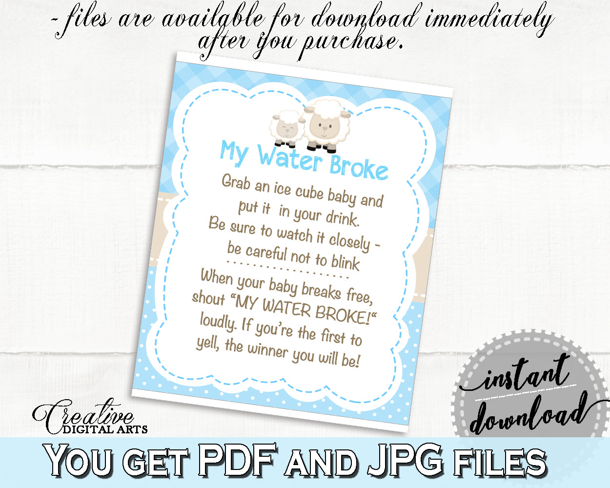 Baby Shower Boy MY WATER BROKE lamb game, sheep shower blue theme printable, Digital Files Jpg Pdf, instant download - fa001
