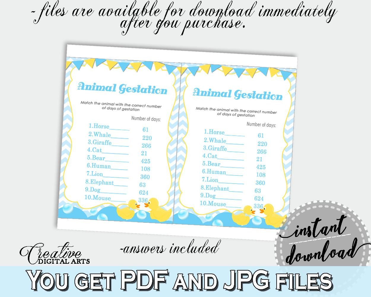 Baby Shower Boy, Rubber Ducky ANIMAL GESTATION game, mint and blue shower printable, digital files, Jpg and Pdf, instant download - rd002 - Digital Product