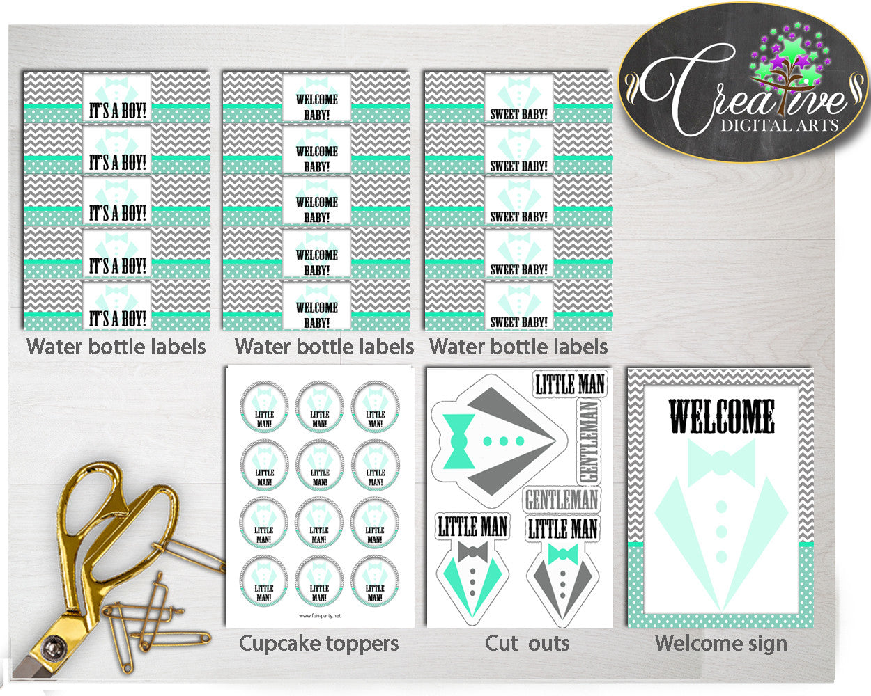 Little Man Baby Shower Boy Decoration package bundle printable mint green and gray chevron, digital files Jpg Pdf - Instant Download - lm001