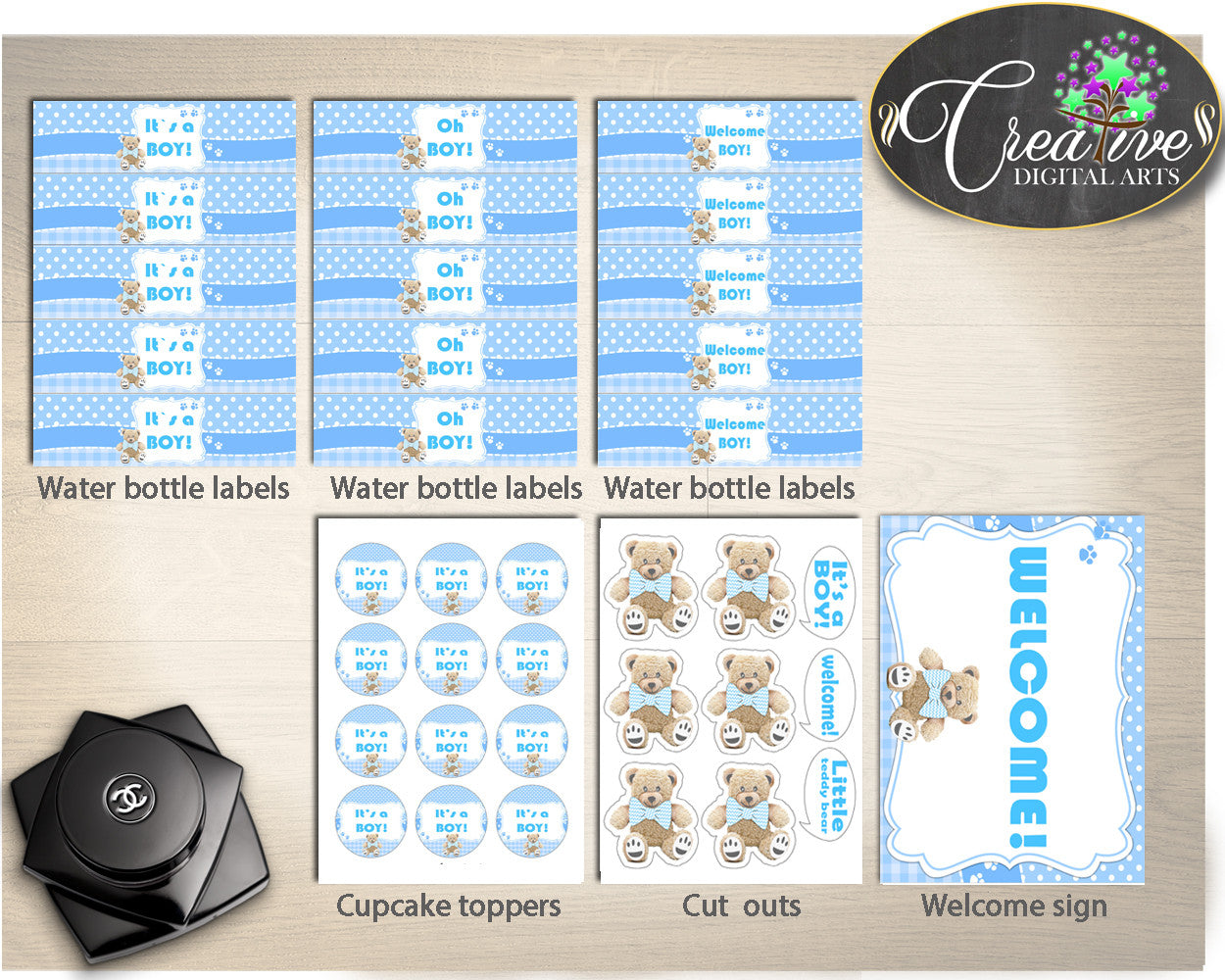 Teddy Bear Baby Shower Decorations Package, blue baby shower decorations printable, bundle decor, digital Jpg Pdf - Instant Download - tb001