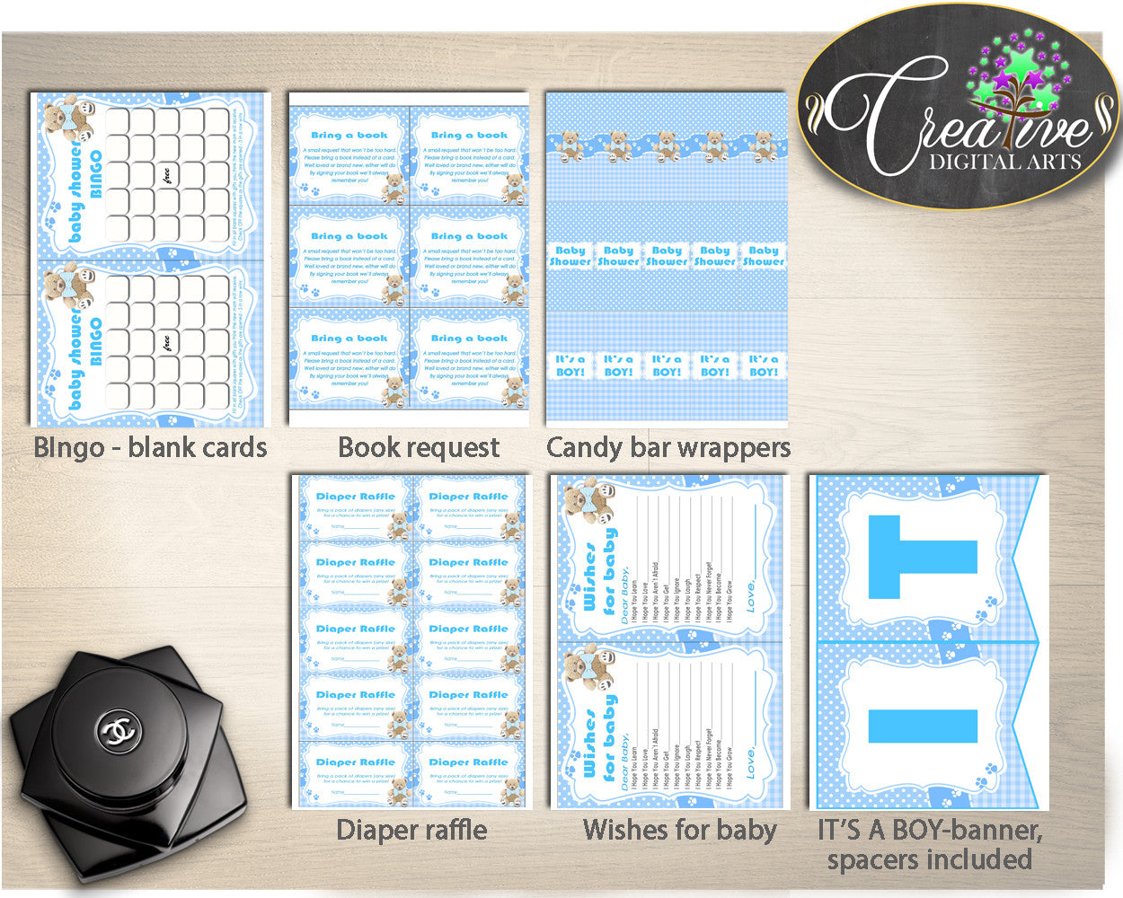 Teddy Bear Baby Shower Decorations Package, blue baby shower decorations printable, bundle decor, digital Jpg Pdf - Instant Download - tb001