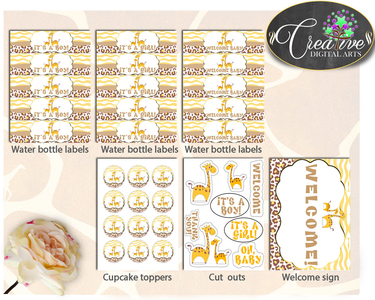 Giraffe Baby Shower Girl Boy Decoration package bundle set printable brown yellow theme, digital files Jpg Pdf - Instant Download - sa001