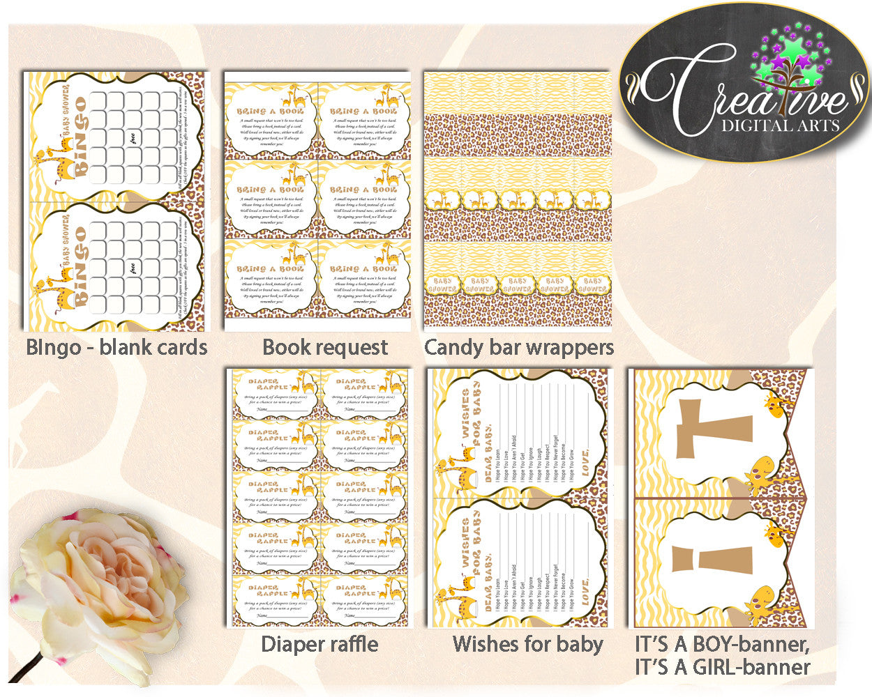 Giraffe Baby Shower Girl Boy Decoration package bundle set printable brown yellow theme, digital files Jpg Pdf - Instant Download - sa001