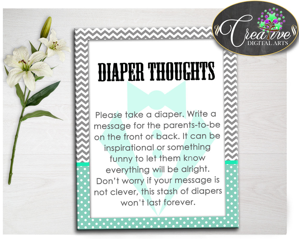Little Man Mint Green Baby shower boy DIAPER THOUGHTS game printable suit gentleman, digital file Jpg Pdf, instant download - lm001