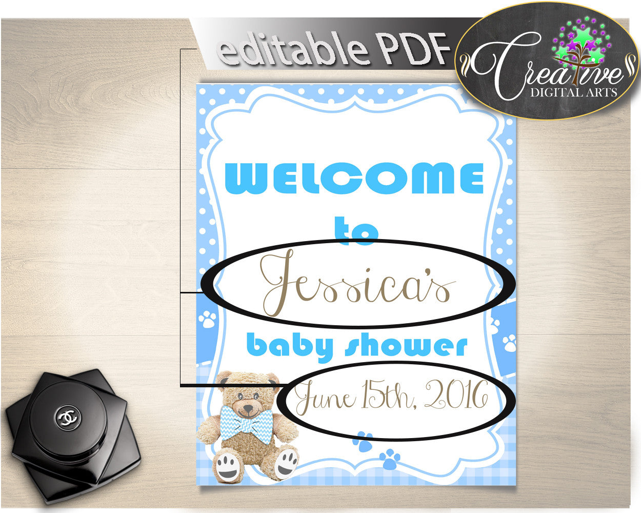 Baby Shower WELCOME sign editable printable, teddy bear Welcome sign, blue baby shower welcome, digital pdf, instant download - tb001