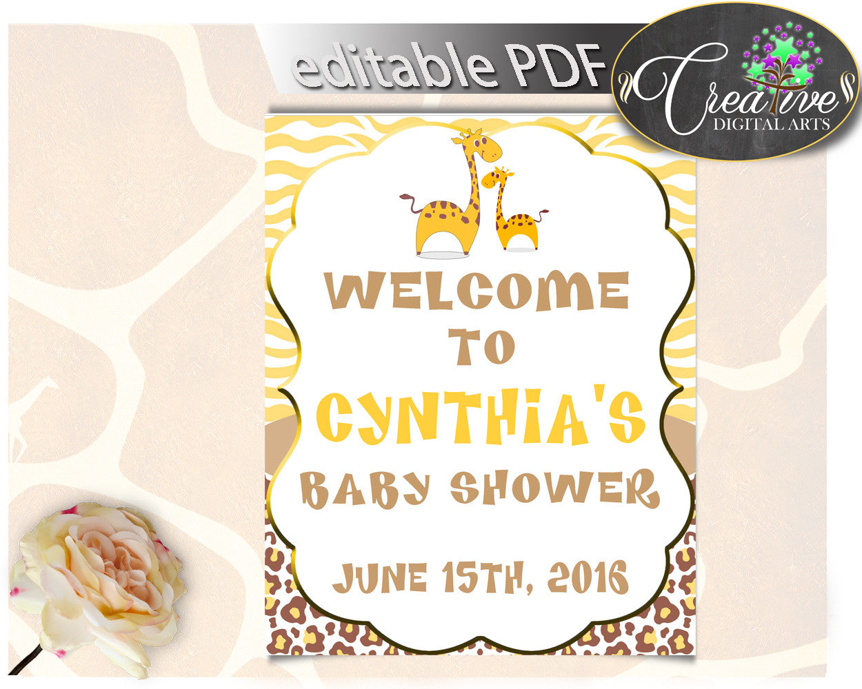 Giraffe Baby Shower WELCOME sign editable, boy or girl baby shower in brown yellow theme printable, digital files, instant download - sa001