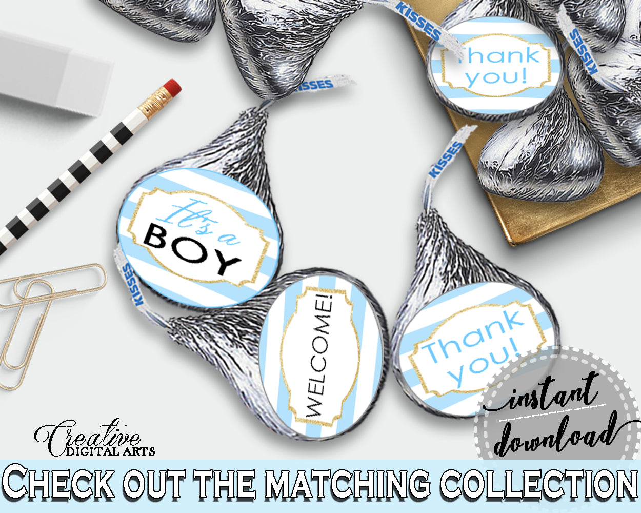 Hershey Kisses Baby Shower Hershey Kisses Blue Stripes Baby Shower Hershey Kisses Blue Gold Baby Shower Blue Stripes Hershey Kisses bs002