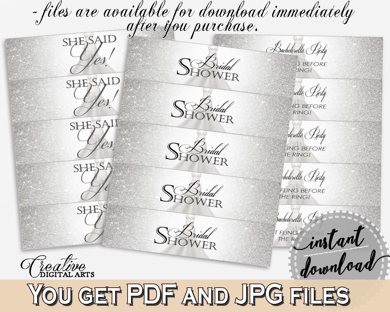 Silver And White Silver Wedding Dress Bridal Shower Theme: Bottle Labels - last fling, bridal tradition, party plan, party planning - C0CS5 - Digital Product