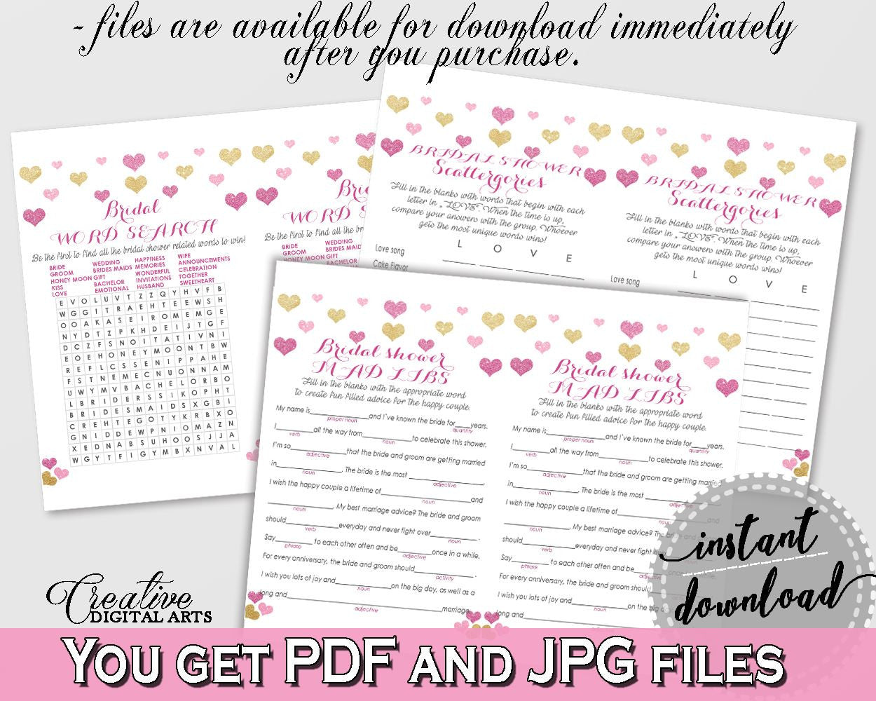 Glitter Hearts Bridal Shower Games Bundle in Gold And Pink, games deal, pink gold glitter, pdf jpg, printables, prints, party décor - WEE0X - Digital Product