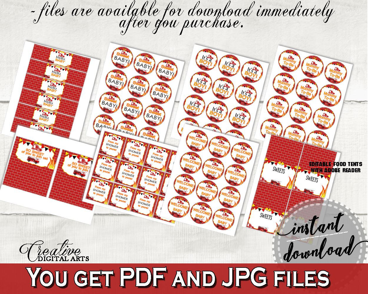 Decorations Baby Shower Decorations Fireman Baby Shower Decorations Red Yellow Baby Shower Fireman Decorations digital download LUWX6 - Digital Product