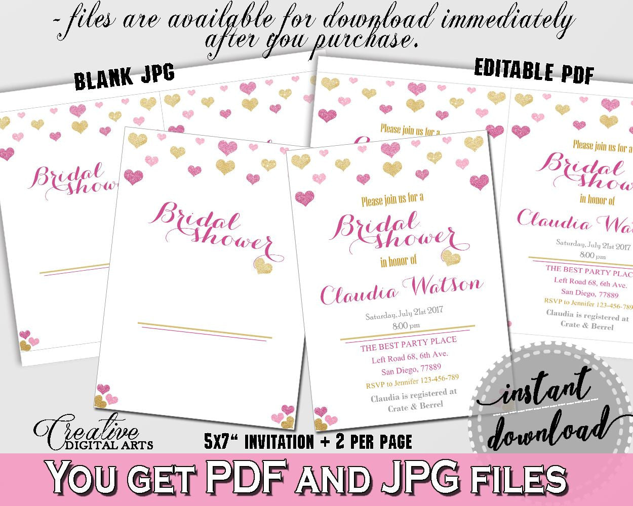 Glitter Hearts Bridal Shower Editable Bridal Shower Invitation in Gold And Pink, bridal shower invite, glitter shower, pdf jpg - WEE0X - Digital Product