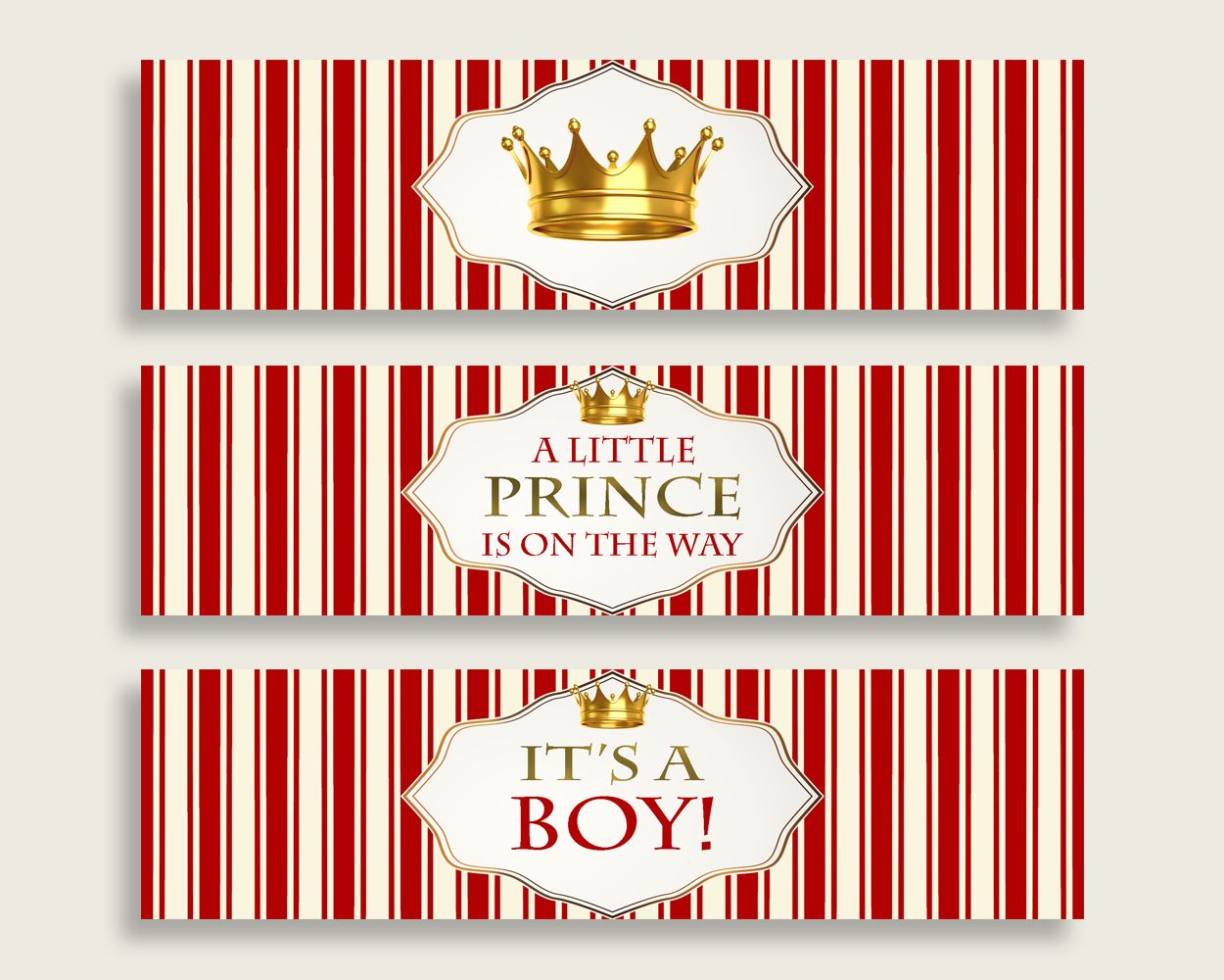 Red Gold Water Bottle Labels Printable, Prince Water Bottle Wraps, Prince Baby Shower Boy Bottle Wrappers, Instant Download, Crown 92EDX