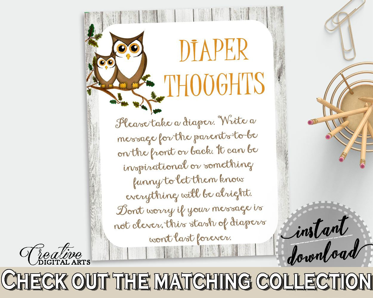Diaper Thoughts Baby Shower Diaper Thoughts Owl Baby Shower Diaper Thoughts Baby Shower Owl Diaper Thoughts Gray Brown party theme 9PUAC - Digital Product