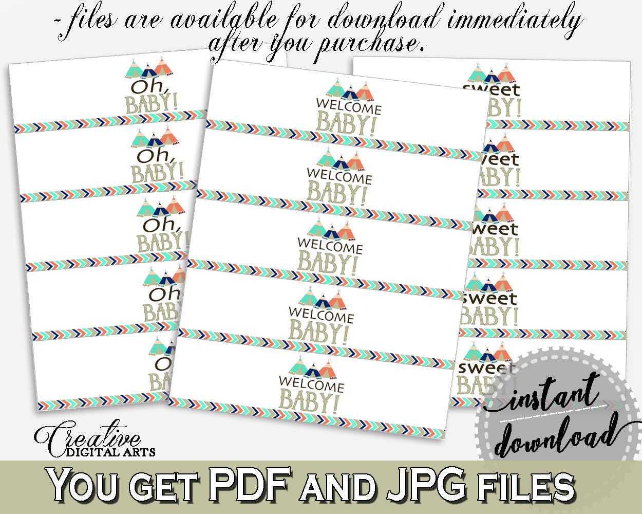 Bottle Labels Baby Shower Bottle Labels Tribal Teepee Baby Shower Bottle Labels Baby Shower Tribal Teepee Bottle Labels Green Navy - KS6AW - Digital Product
