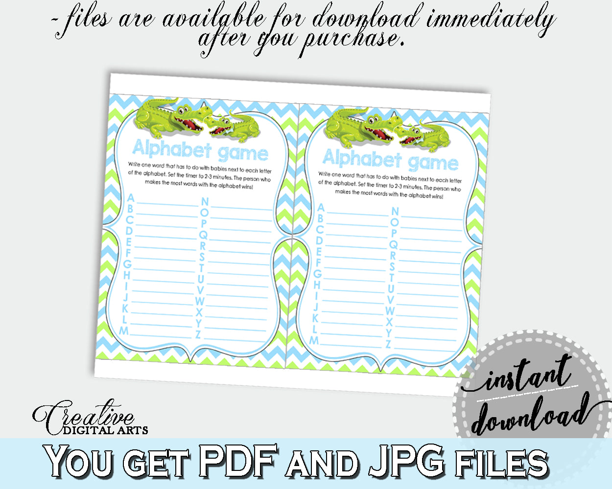 Baby Shower ABC's game with green alligator and blue color theme, instant download - ap002