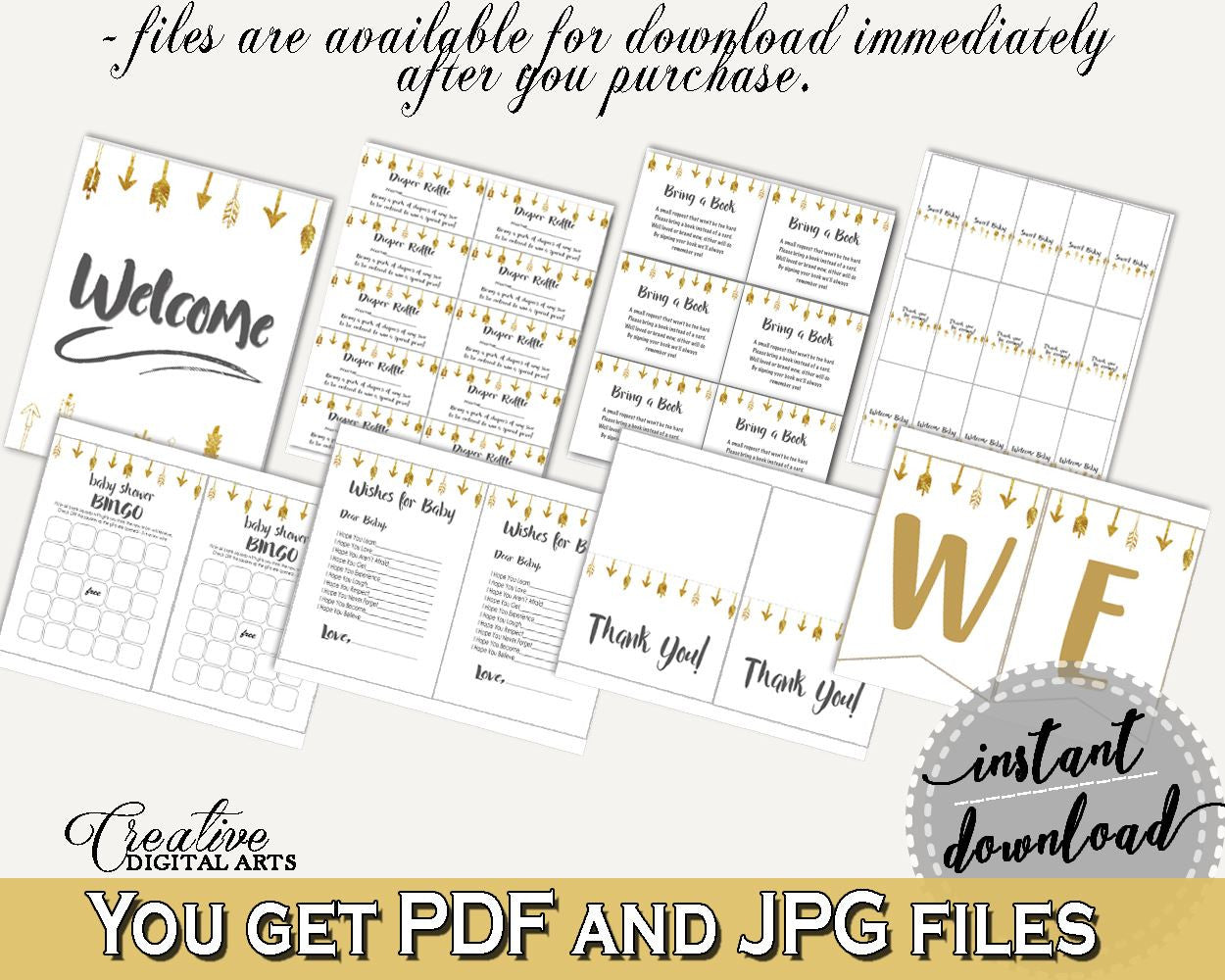 Decorations Baby Shower Decorations Gold Arrows Baby Shower Decorations Baby Shower Gold Arrows Decorations Gold White party plan, pdf I60OO - Digital Product