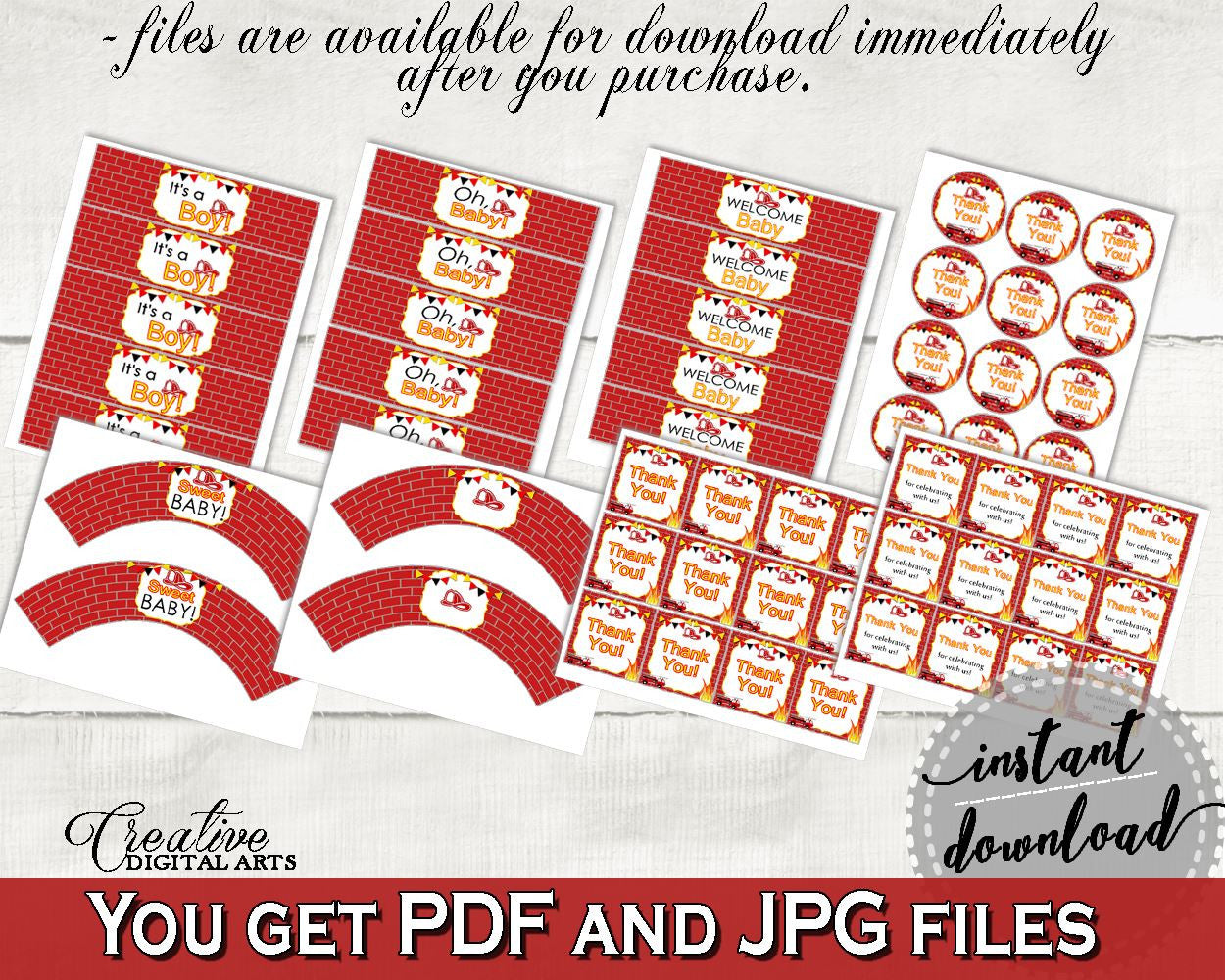 Decorations Baby Shower Decorations Fireman Baby Shower Decorations Red Yellow Baby Shower Fireman Decorations digital download LUWX6 - Digital Product