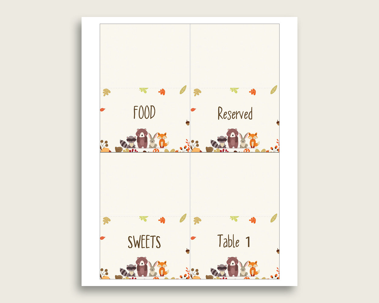 Woodland Folded Food Tent Cards Printable, Brown Beige Editable Pdf Buffet Labels, Gender Neutral Baby Shower Food Place Cards w0001