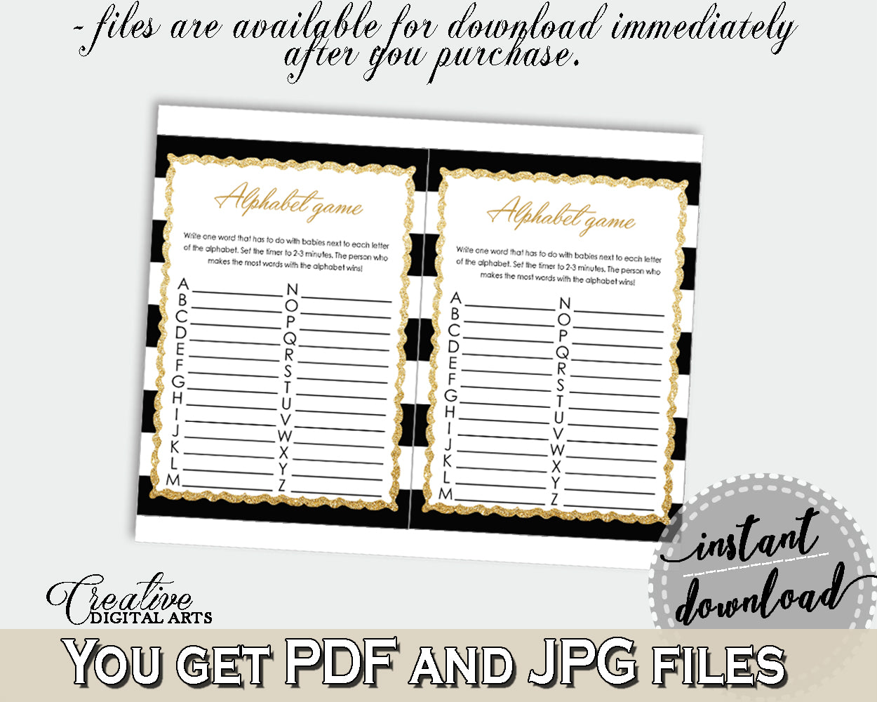 Baby Shower ABC's game with black white stripes theme printable glitter, digital file, Jpg and Pdf, instant download - bs001