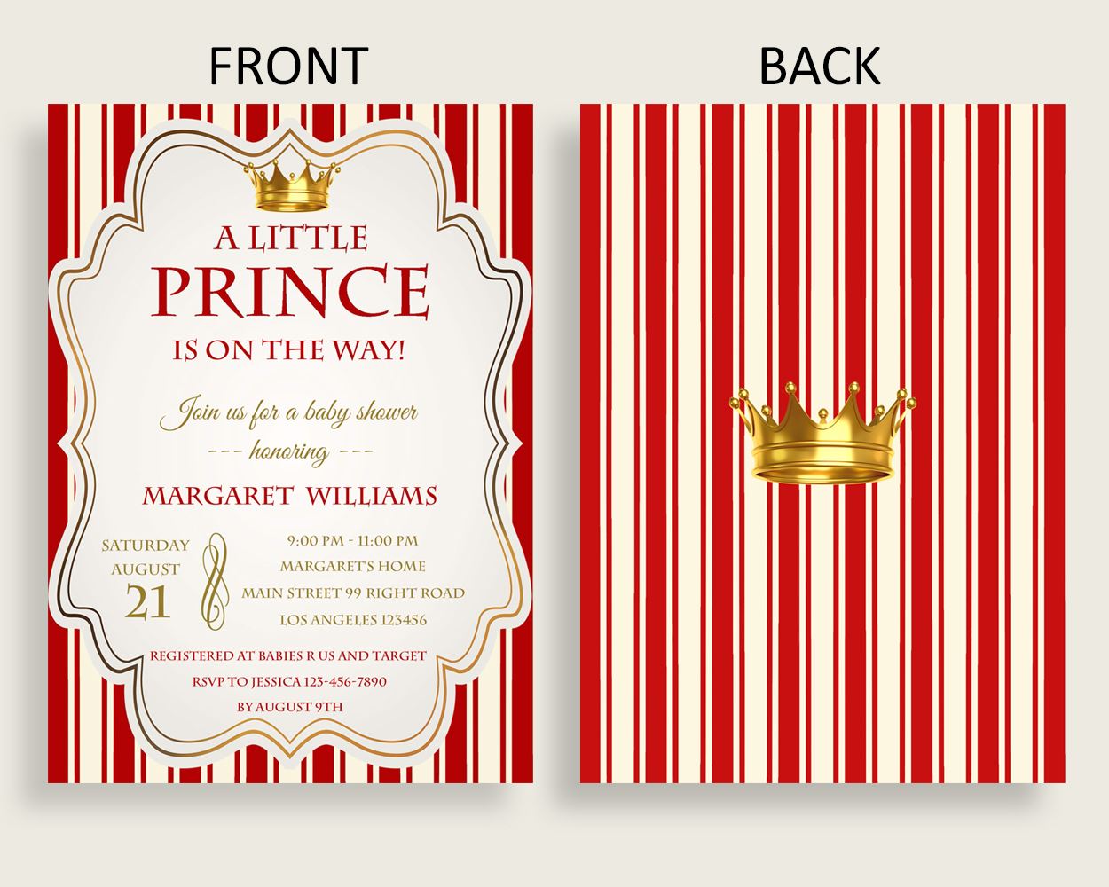 Prince Baby Shower Invitations Printable, Digital Or Printed Invitation Baby Shower Boy, Editable Invitation Red Gold Crown Most 92EDX