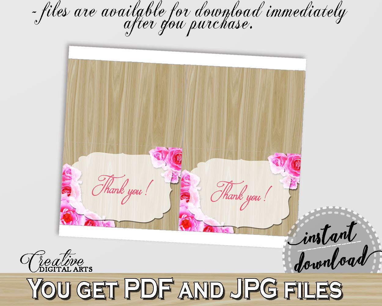 Roses On Wood Bridal Shower Thank You Card in Pink And Beige, thank you notes, vintage roses, party stuff, party decorations, prints - B9MAI - Digital Product
