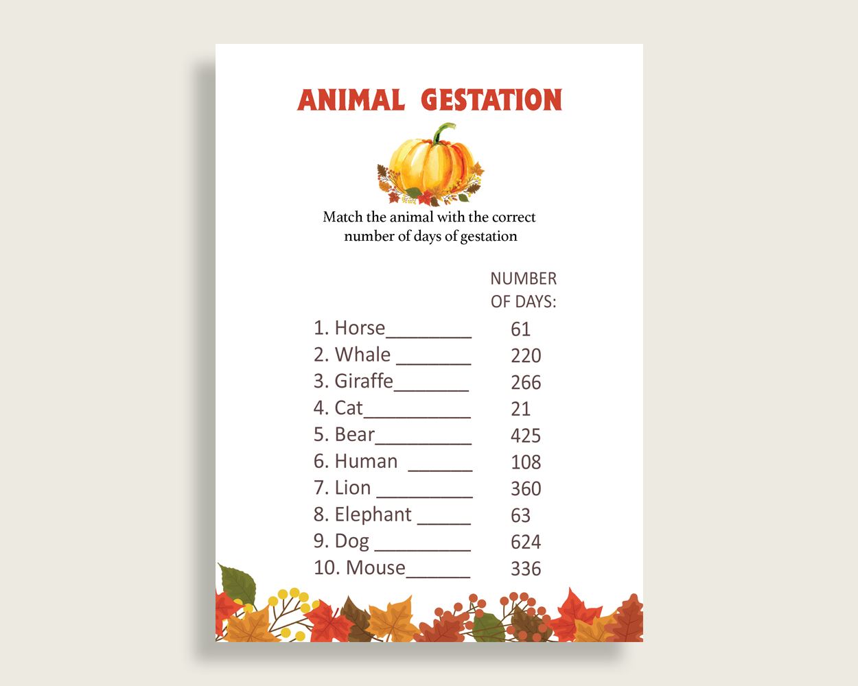 Animal Gestation Baby Shower Animal Gestation Fall Baby Shower Animal Gestation Baby Shower Pumpkin Animal Gestation Orange Brown BPK3D - Digital Product