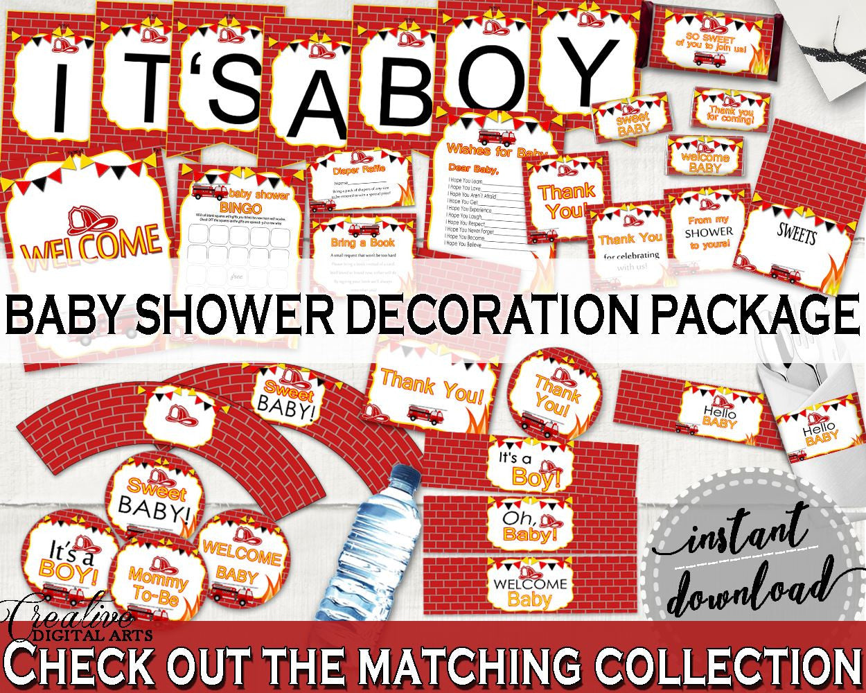 Decorations Baby Shower Decorations Fireman Baby Shower Decorations Red Yellow Baby Shower Fireman Decorations digital download LUWX6 - Digital Product