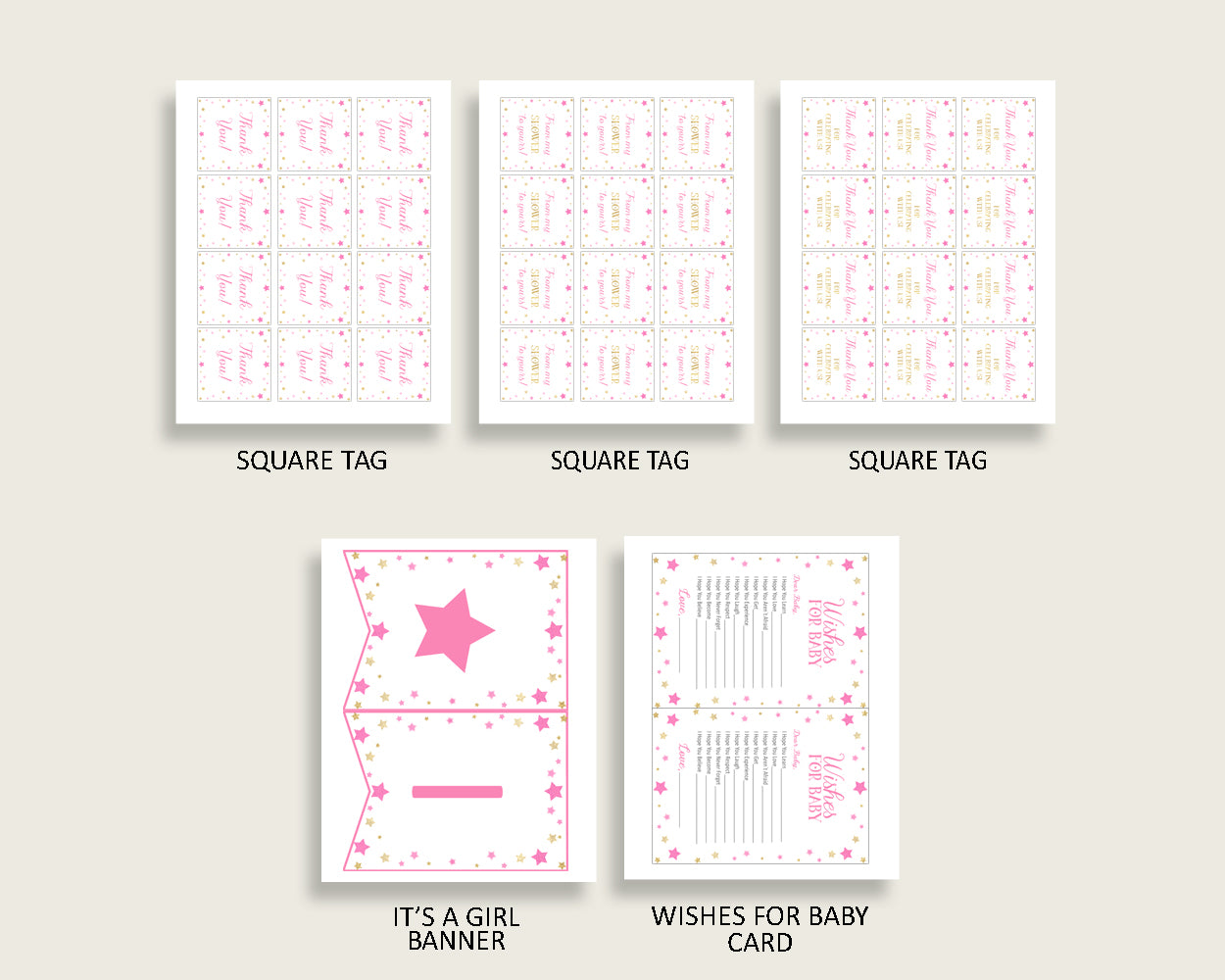 Pink Gold Baby Shower Decorations Girl Kit, Twinkle Star Baby Shower Party Package Printable, Instant Download, Cute Stars bsg01