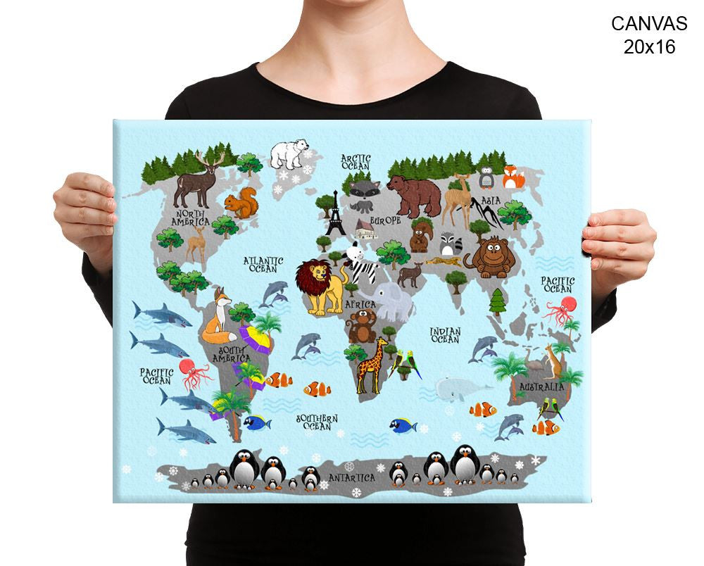 Animals World Map Print, Beautiful Wall Art with Frame and Canvas options available Nursery Decor