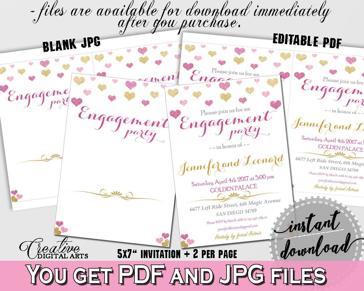 Glitter Hearts Bridal Shower Engagement Party Invitation Editable in Gold And Pink, engaged invitation, pink gold glitter, pdf jpg - WEE0X - Digital Product