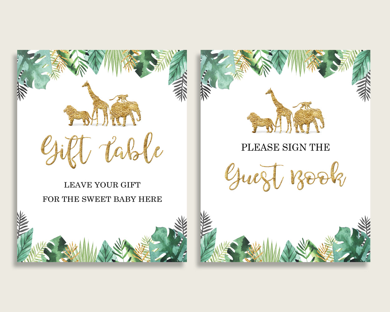 Jungle Baby Shower Gender Neutral Table Signs Printable, Gold Green Party Table Decor, Favors, Food, Drink, Treat, Guest Book, Instant EJRED