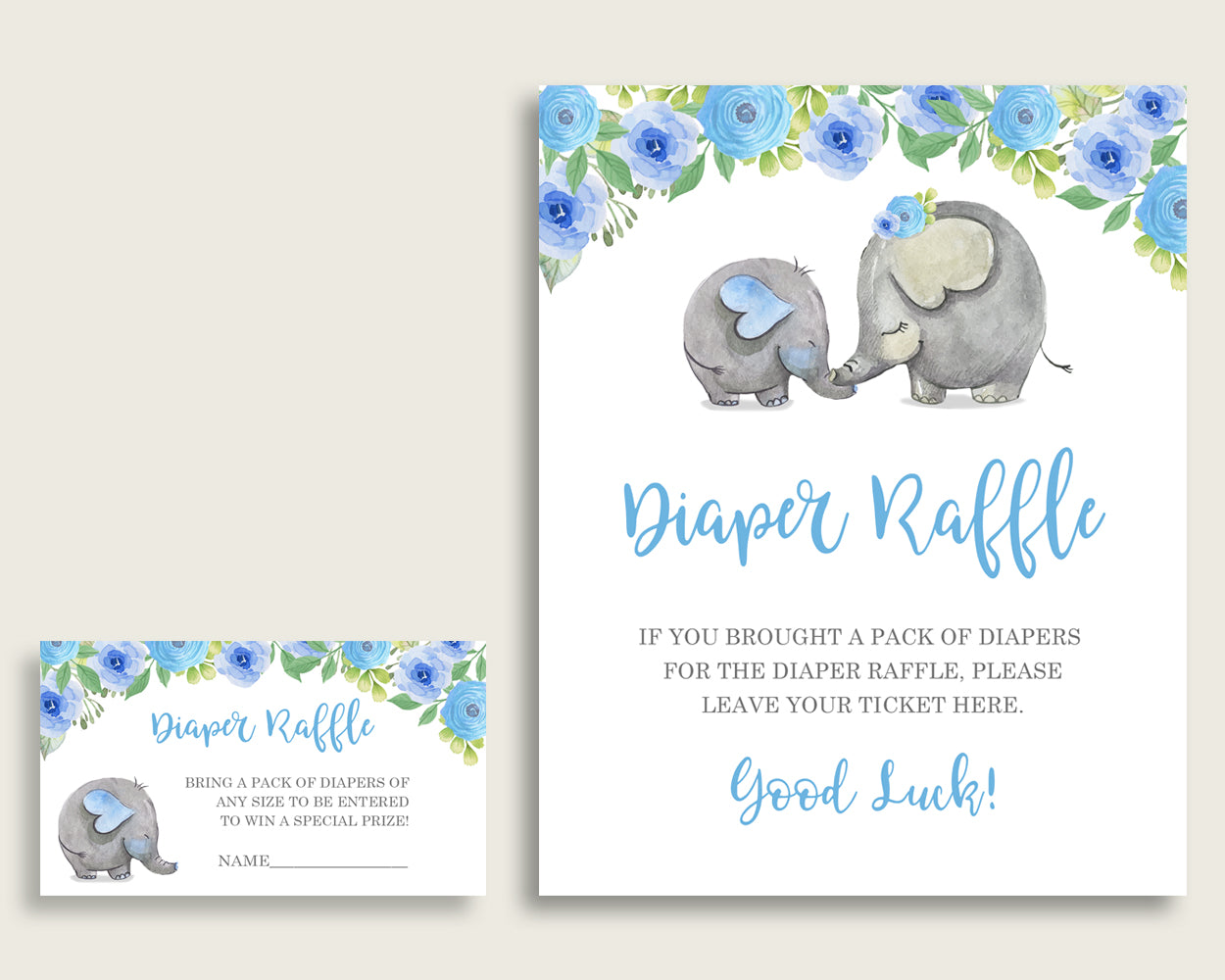 Elephant Blue Baby Shower Diaper Raffle Tickets Game, Boy Blue Gray Diaper Raffle Card Insert and Sign Printable, Instant Download ebl01