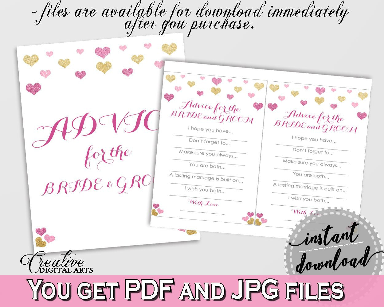 Advice For The Bride And Groom in Glitter Hearts Bridal Shower Gold And Pink Theme, bridal advice cards, valentine theme, prints - WEE0X - Digital Product