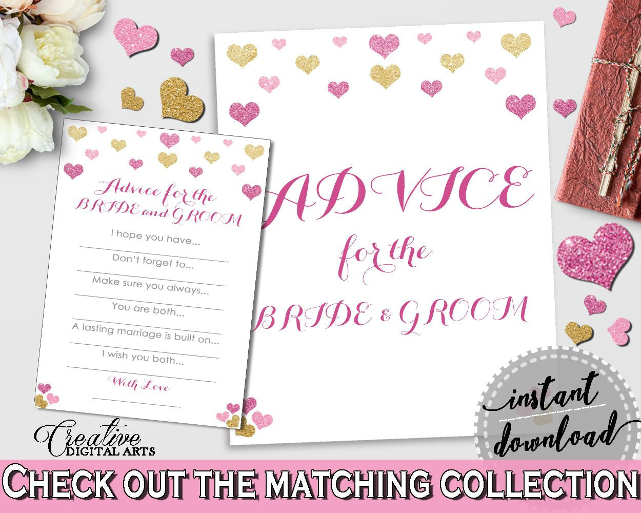 Advice For The Bride And Groom in Glitter Hearts Bridal Shower Gold And Pink Theme, bridal advice cards, valentine theme, prints - WEE0X - Digital Product
