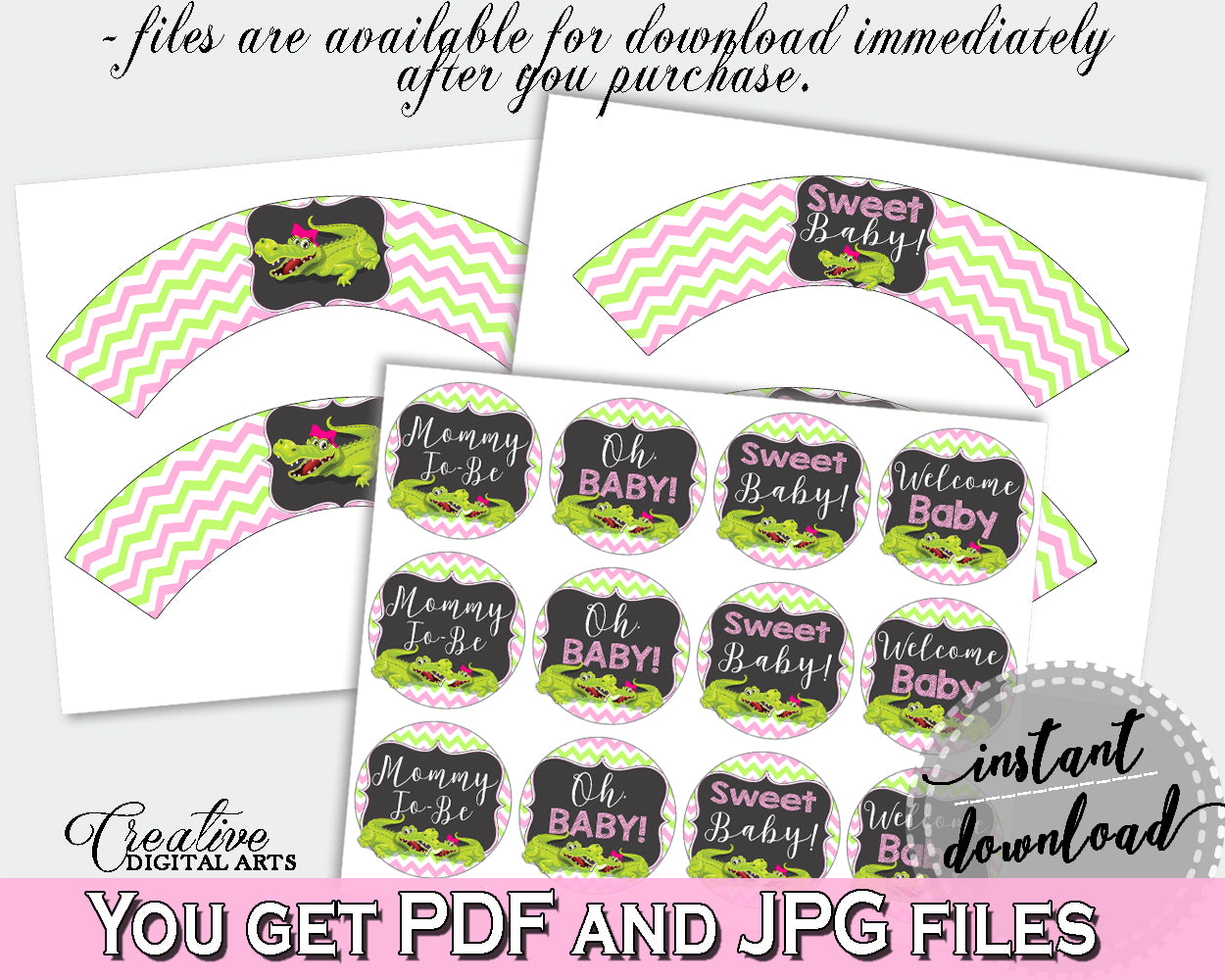 Baby shower CUPCAKE TOPPERS and CUPCAKE WRAPPERS printable with green alligator and pink color theme for girl, instant download - ap001