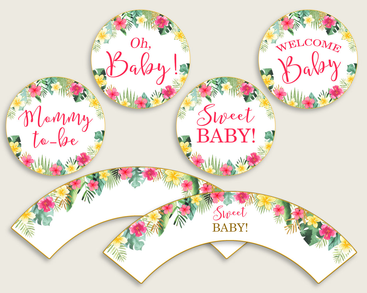 Hawaiian Cupcake Toppers, Pink Green Cupcake Wrappers, Toppers Wrappers Baby Shower Girl, Instant Download, Luau Aloha Palm Leaves 955MG