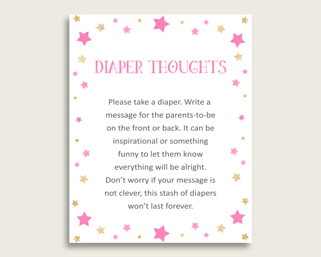 Twinkle Star Baby Shower Diaper Thoughts Printable, Girl Pink Gold Late Night Diaper Sign, Words For Wee Hours, Write On Diaper bsg01