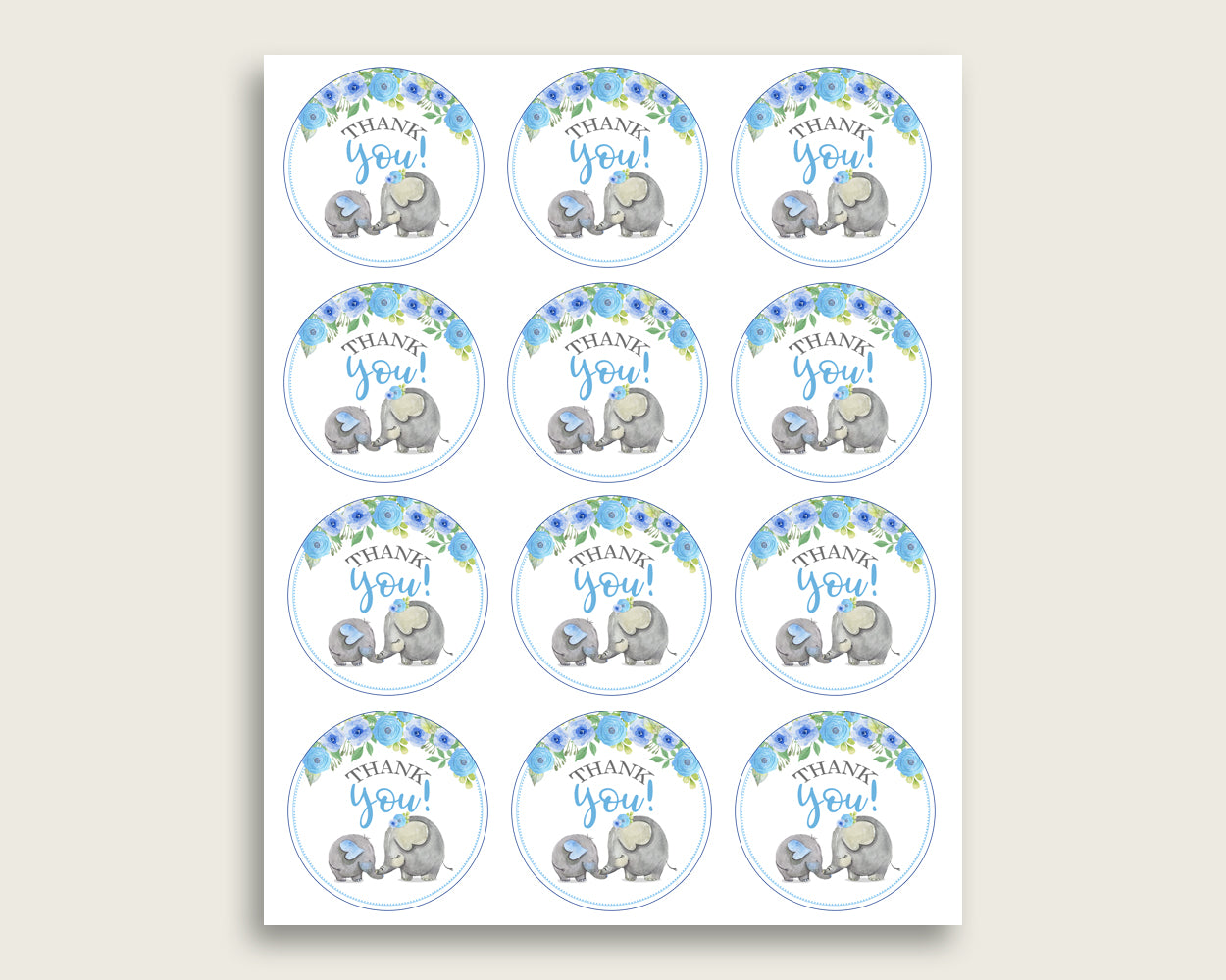 Elephant Blue Baby Shower Round Thank You Tags 2 inch Printable, Blue Gray Favor Gift Tags, Boy Shower Hang Tags Labels, Digital File ebl01