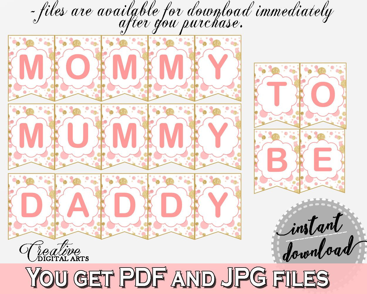 Chair Banner, Baby Shower Chair Banner, Dots Baby Shower Chair Banner, Baby Shower Dots Chair Banner Pink Gold bridal shower idea - RUK83 - Digital Product