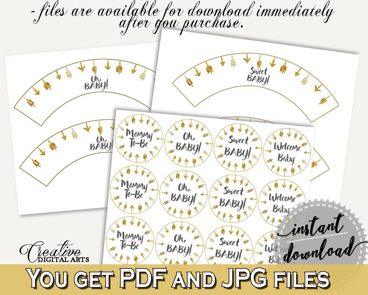 Cupcake Toppers And Wrappers Baby Shower Cupcake Toppers And Wrappers Gold Arrows Baby Shower Cupcake Toppers And Wrappers Baby Shower I60OO - Digital Product
