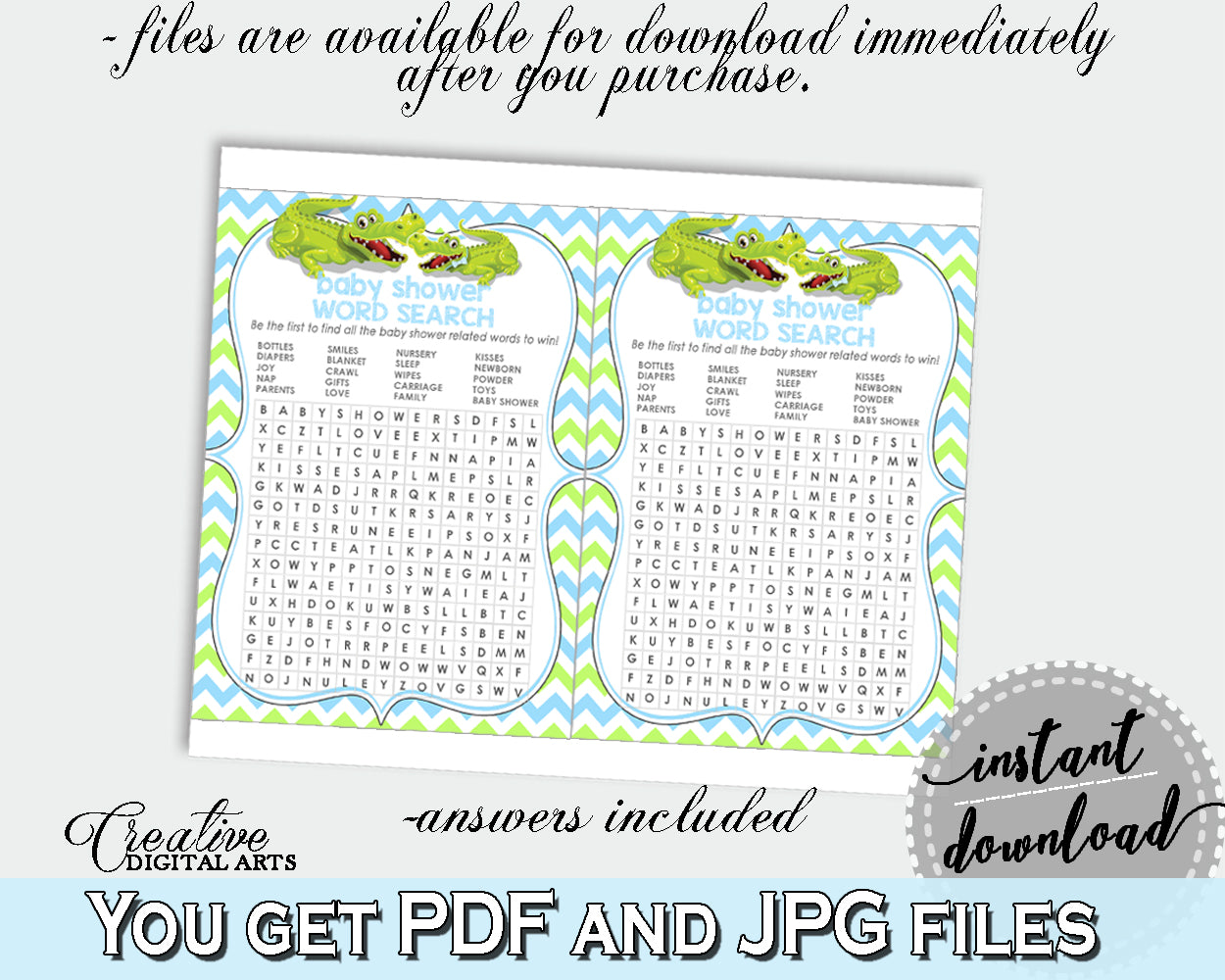 Baby Shower WORD SEARCH game with green alligator and blue color theme, instant download - ap002