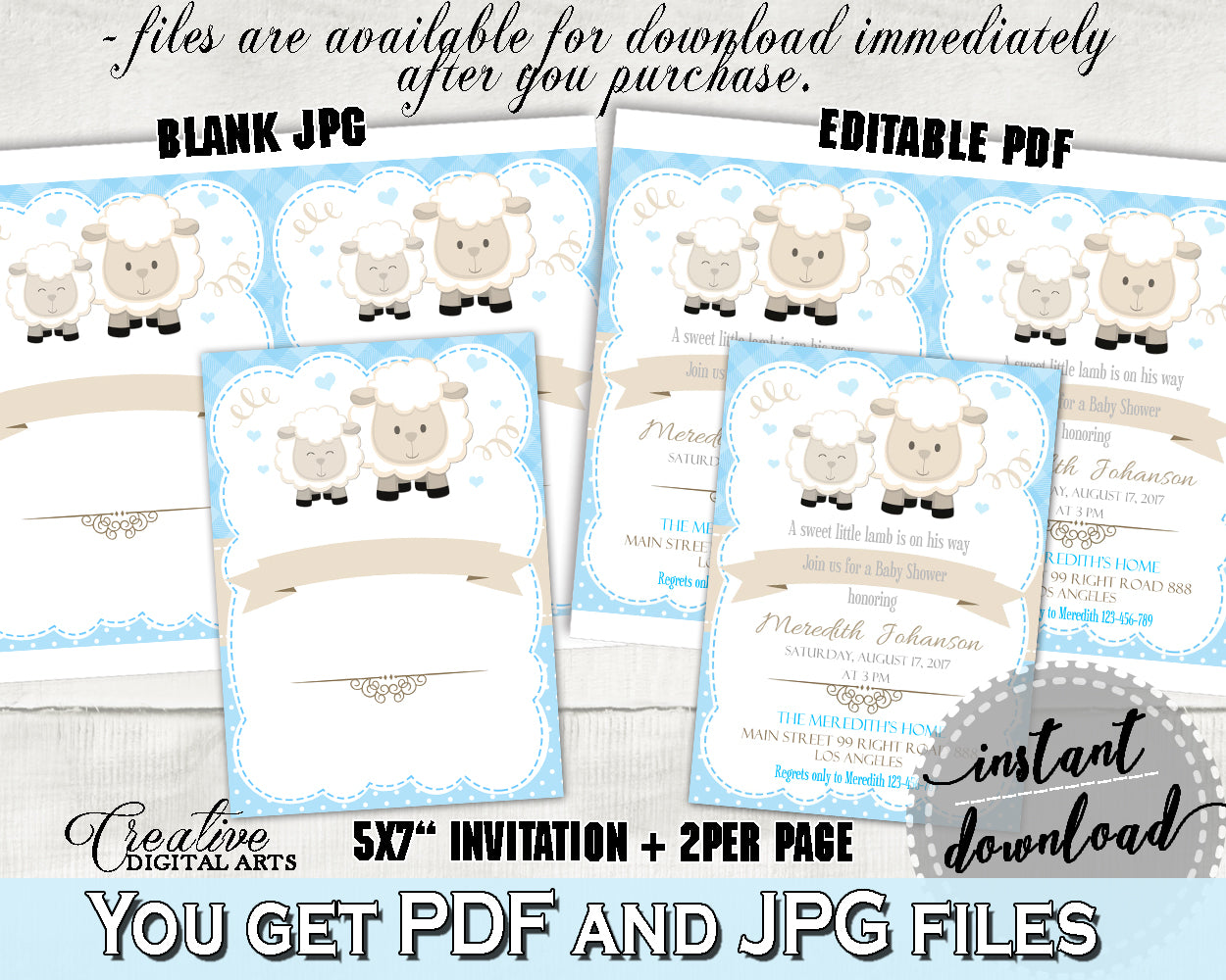 Little Lamb Blue INVITATION editable baby shower boy theme printable sheep, digital files, editable lamb shower, instant download - fa001