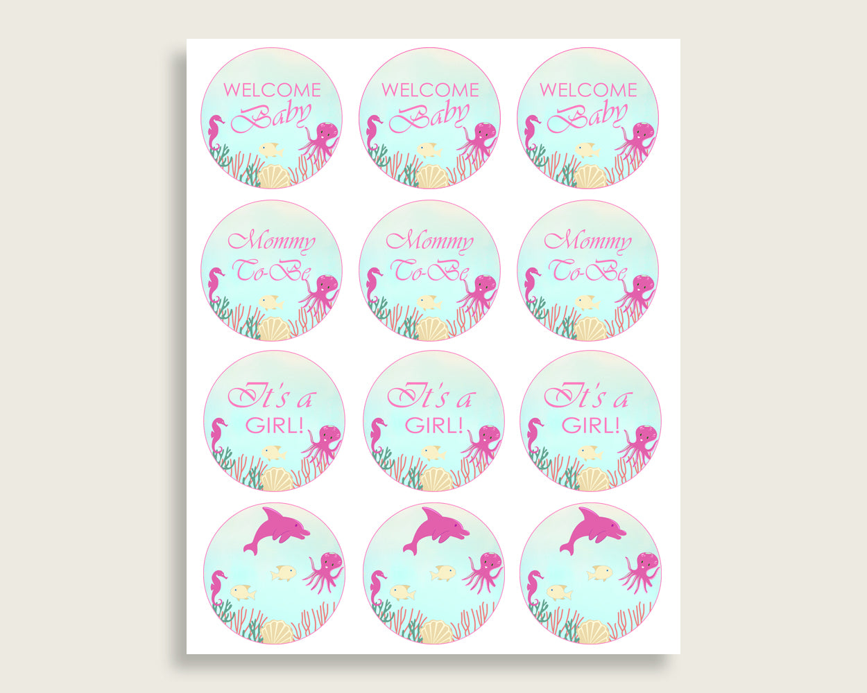 Under The Sea Cupcake Toppers, Pink Green Cupcake Wrappers, Toppers Wrappers Baby Shower Girl, Instant Download, Popular uts01