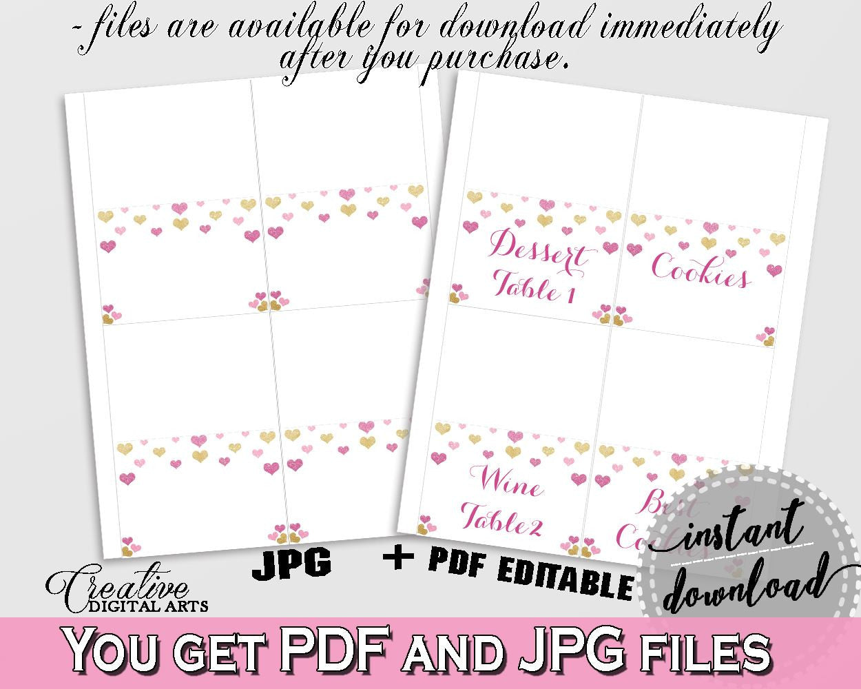 Glitter Hearts Bridal Shower Food Tent in Gold And Pink, place setting, lovely bridal shower, party plan, party planning, prints - WEE0X - Digital Product