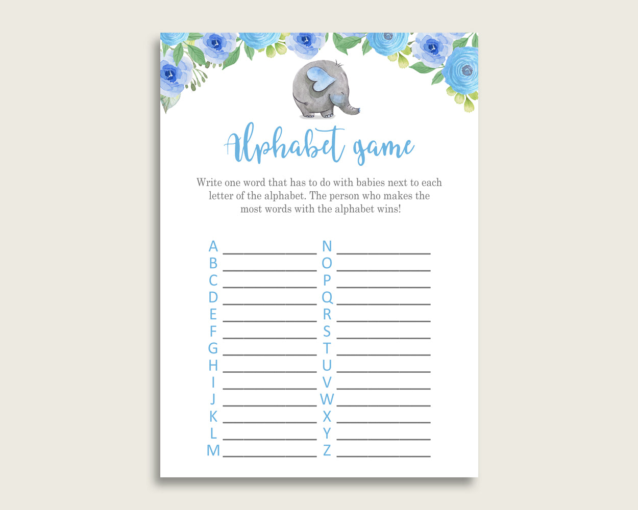 Blue Gray Alphabet Baby Shower Boy Game, Elephant Blue A-Z Guessing Baby Game Printable, ABC's Baby Item Name Game, Instant Download, ebl01