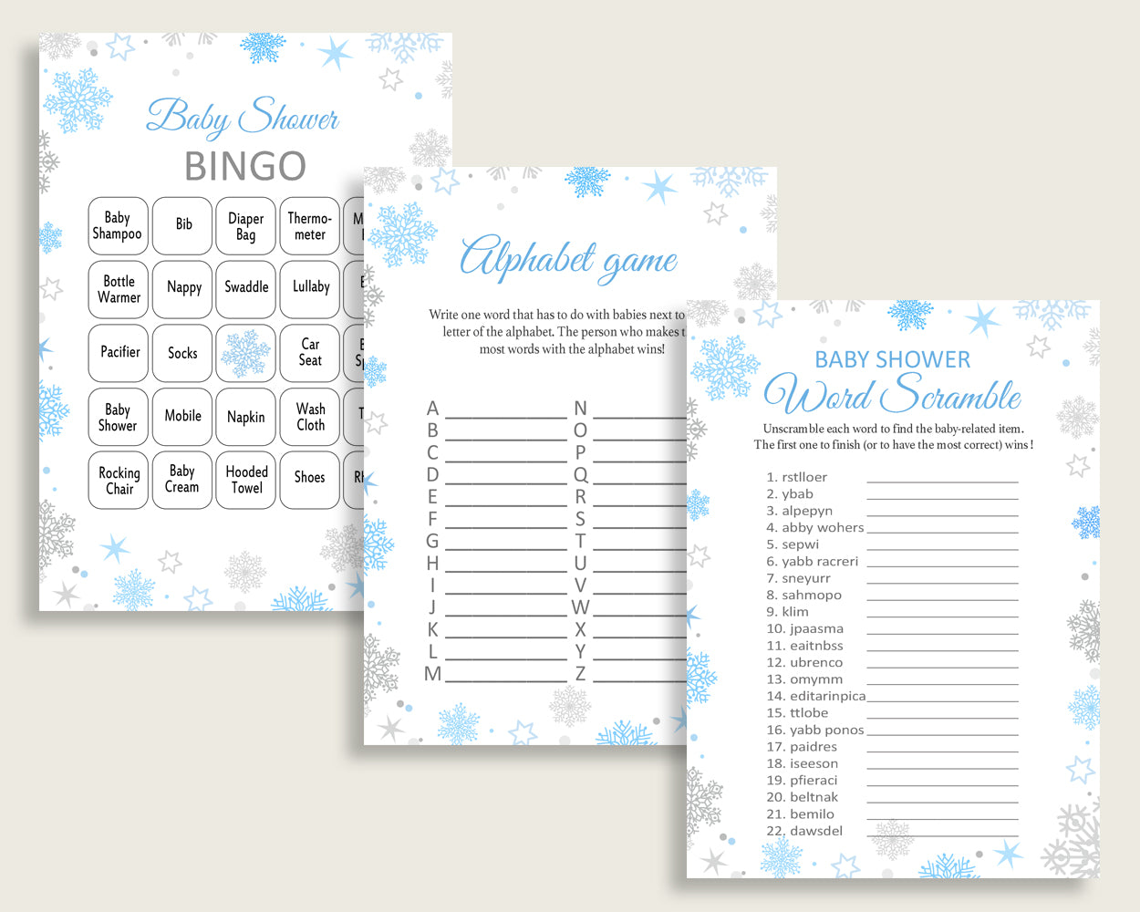 Games Baby Shower Games Snowflake Baby Shower Games Blue Gray Baby Shower Snowflake Games customizable files pdf jpg party ideas NL77H